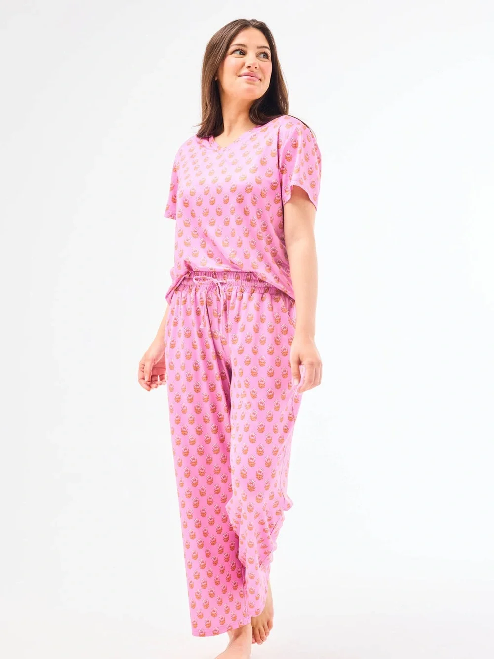 Mary Square Floral Foulard Pink Alli Short Sleeve V-Neck/Straigt Leg Pants Set